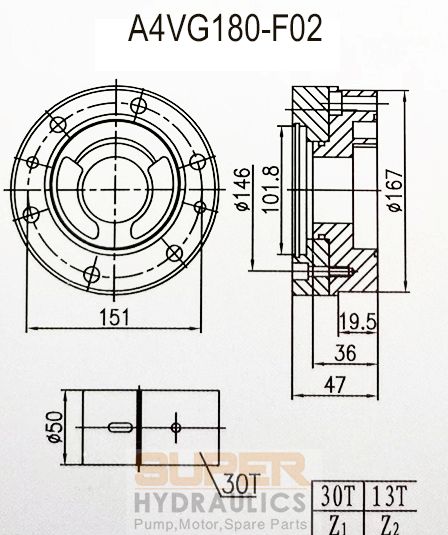 Rexroth_A4VG180-F02 Replacement Charge Pump Boost Pump Dimension Reference